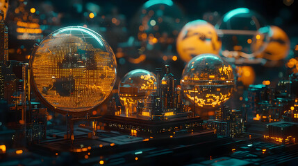 Futuristic Cityscape With Glowing Spheres At Night