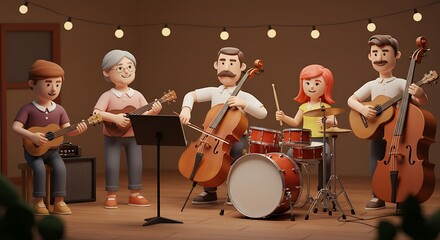 Fototapeta premium Cartoon Family Band Playing Musical Instruments Together