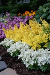 Obraz premium Vibrant Spring Flower Garden Bed Yellow Purple White Blooms