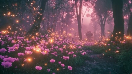 Magical Pink Flower Field Glowing Fireflies Enchanting Dreamlike Fantasy Forest Path Mysterious Night Peaceful Serene Nature Scene Beautiful Tranquil 