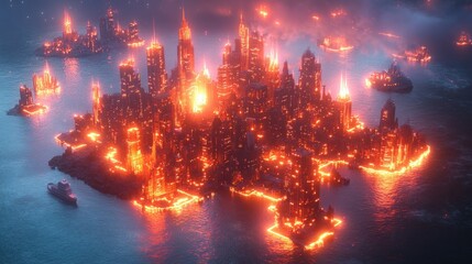 Fototapeta premium Burning city on islands, glowing red