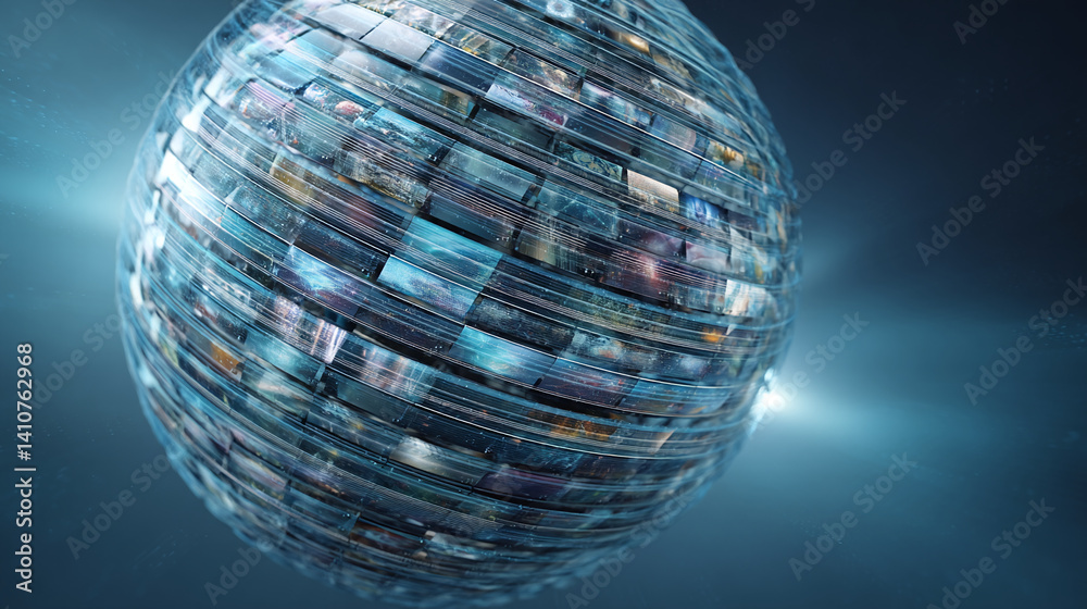 Poster Sphere of translucent panels showcasing various images, symbolizing global connectivity, data, and information flow, ideal for technology or communication concepts