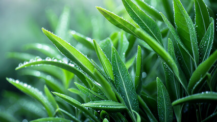 Obraz premium Dew-kissed greenery displaying fresh elongated leaves