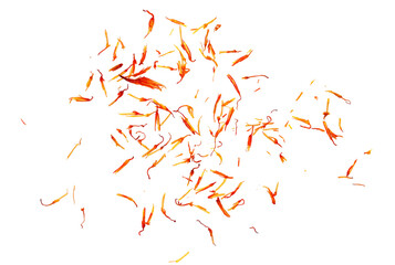 Safflower dry petals flying isolated on white, clipping path	