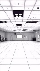 Fototapeta premium The airy, spacious white room is enhanced by a modern ceiling fan with light, creating a naturally illuminated and fresh space.