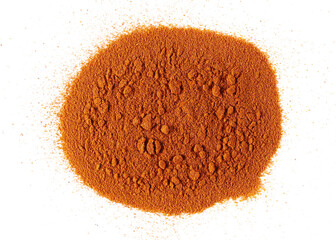 Pile spicy chili red pepper, milled dry paprika isolated on white, top view	