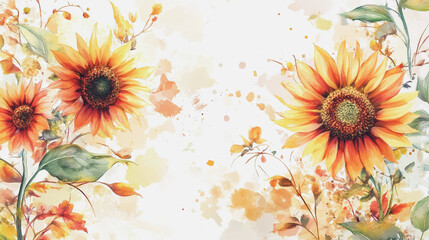 watercolor botanical Sunflower flowers texture template background.Elegant wedding invitation card background . Minimal hand painted Design for wedding or Valentine's Day