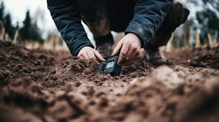 A Farmer Carefully Places a Soil Sensor in the Ground for Precision Agriculture