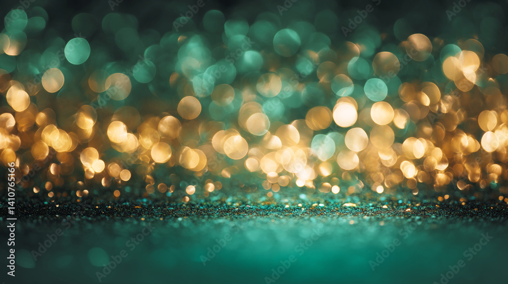 Poster abstract teal and gold glitter bokeh background, creating a sparkling and festive atmosphere, perfec