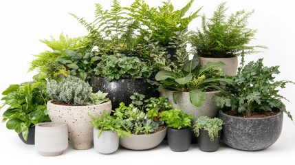 Houseplants in ornate pots with a lush, vibrant display, framed by a pristine white backdrop to invigorate your home's look.