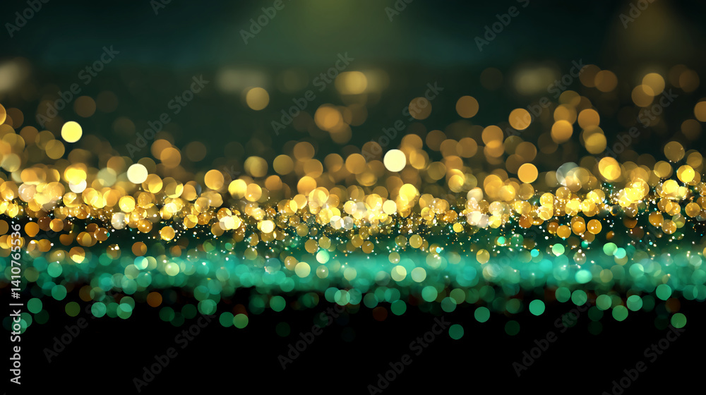 Poster abstract image of blurred golden and teal lights, creating a sparkling, festive effect, suitable for