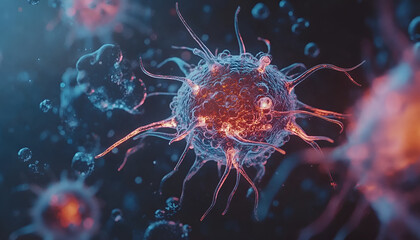 Bacterium floating in space with other microorganisms. microscopic view of big transparent bacterium with its tendrils, floating in space with other