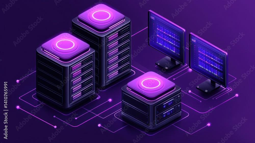 Wall mural isometric view servers and monitors linked with digital network on purple background