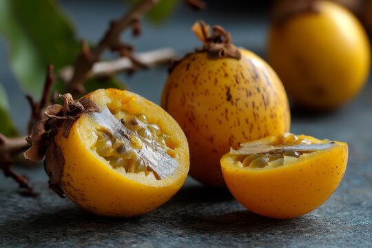 A close-up view captures ripe mamoncillo fruits, showcasing a halved one with its juicy pulp.