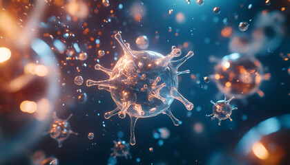 Bacterium floating in space with other microorganisms. microscopic view of big transparent bacterium with its tendrils, floating in space with other