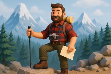 Cartoon Hiker Standing on Rock with Camera and Map in Mountain Landscape