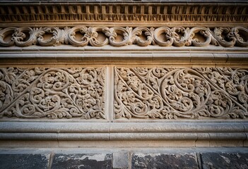 A close up of a building with carvings on it.