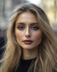 Fototapeta premium Portrait of a blonde woman with soft features and flowing hair outdoors