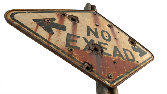 Bullet-Riddled "No Exit" Sign with Arrows on Transparent Background - Powered by Adobe