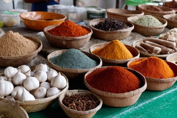 Fototapeta premium A colorful array of aromatic spices, garlic, and herbs displayed at a bustling market stall.