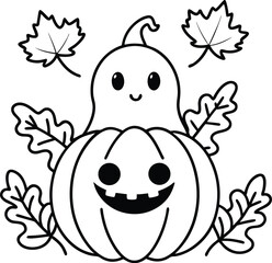 Adorable Pumpkin Ghost Character with Autumn Leaves Cartoon Illustration