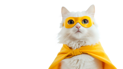 A white cat is wearing a yellow cape and a yellow mask