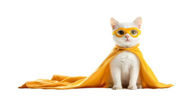 A white cat wearing a yellow cape and yellow goggles