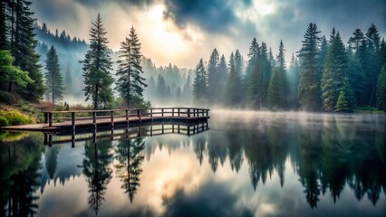 A serene mist-covered lake with an ancient wooden bridge stretching over the still waters, surrounded by dark, towering pine trees