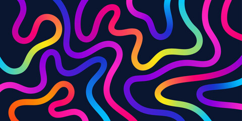 Colorful wavy line pattern. Bright neon ribbons, swirling gradient lines and dynamic curls on a dark background. Festive background