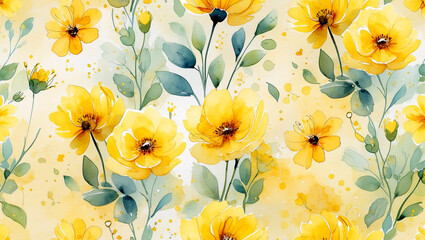 Gentle yellow floral watercolor background with sketched flowers