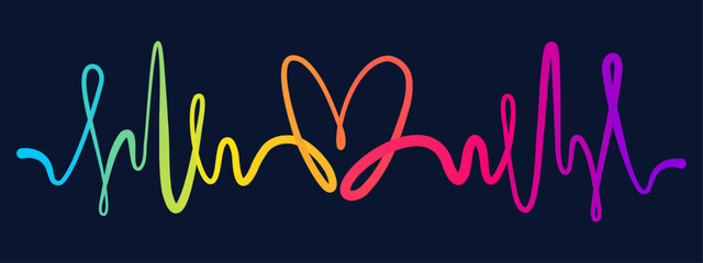 Heartbeat line with colorful gradient forming heart shape. On dark background. Abstract design for love themed posters, cards, medical and romantic illustrations