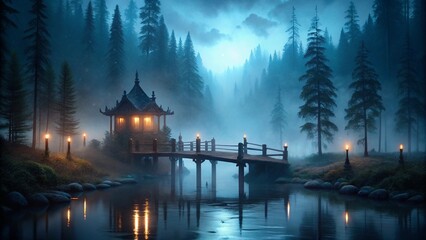 A serene mist-covered lake with an ancient wooden bridge stretching over the still waters, surrounded by dark, towering pine trees