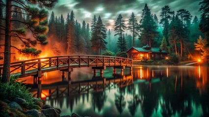 A serene mist-covered lake with an ancient wooden bridge stretching over the still waters, surrounded by dark, towering pine trees