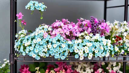 Fototapeta premium Tiered Metal Rack Displaying Teal, Pink, and White Flowers