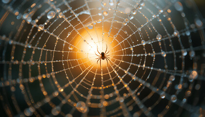 Intricate spider web glistening with morning dew drops, showcasing its delicate structure against a blurred natural background.

