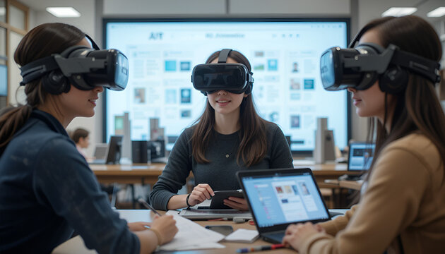 Three students wearing VR headsets collaborating on a digital project using laptops and tablets in a modern classroom.

