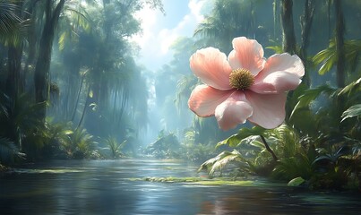 Magnolia Bloom in Misty Jungle River Scene with Tropical Foliage