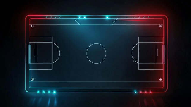 Futuristic neon soccer field digital display vibrant red and blue glowing lines strategic game plan visualization high tech sports technology esports arena online gaming interface