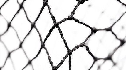 Fototapeta premium Intricate black netting detail against a bright white background showcasing the texture and pattern of tightly woven knots in a close up shot with sharp focus and shallow depth of field