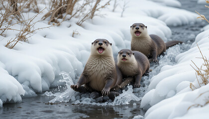 Obraz premium Three river otters emerging from a cold, flowing stream onto a snow-covered bank, looking upwards with open mouths.