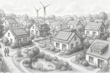 Obraz premium A drawing of a small town with houses and a windmill
