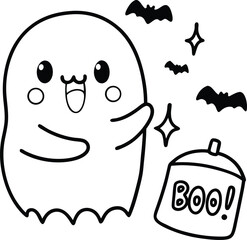 Cute Halloween Ghost with Pumpkin and Bats Cartoon Illustration