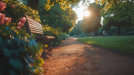 Serene Park Path and Bench in Golden Sunlight