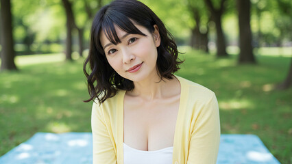 Naklejka premium ピクニック中の女性が見せる柔らかな笑顔