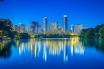 Modern City Skyline Reflecting on a Calm River