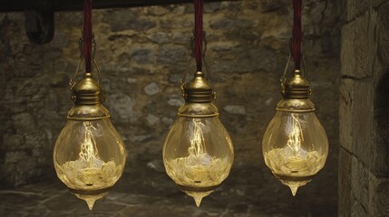 Obraz premium The cozy atmosphere is enhanced by elegant vintage light bulbs casting a gentle light on a dark wall, bestowing charm and warmth on any space.
