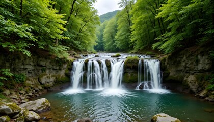 Naklejka premium Serene Waterfall Surrounded by Lush Green Forest in National Park