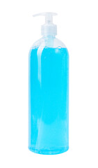 Blue antibacterial soap with bubbles, in a transparent plastic container with a dispenser, for washing hands from dirt and protecting against germs, hygiene concept