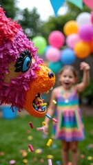 A child joyfully strikes a bright  Pinata , sending colorful candy flying through the air, highlighting an energetic and festive outdoor backyard party atmosphere.