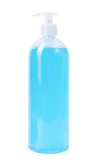 Blue antibacterial soap with bubbles, in a transparent plastic container with a dispenser, for washing hands from dirt and protecting against germs, hygiene concept